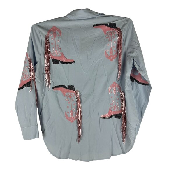 Blue b Womens Baby Blue & Pink Sequin Fringe Cowboy Boot Print Button-Up Shirt M - Picture 3 of 7